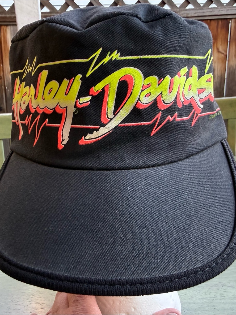 Vintage 90s Harley-Davidson Neon Heartbeat Painter Hat Pillbox Cap RK STRATMAN